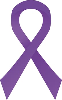 Purple awareness ribbon. Violet support badge. Breast Cancer symbol Stock vector illustration Isolated on white background.