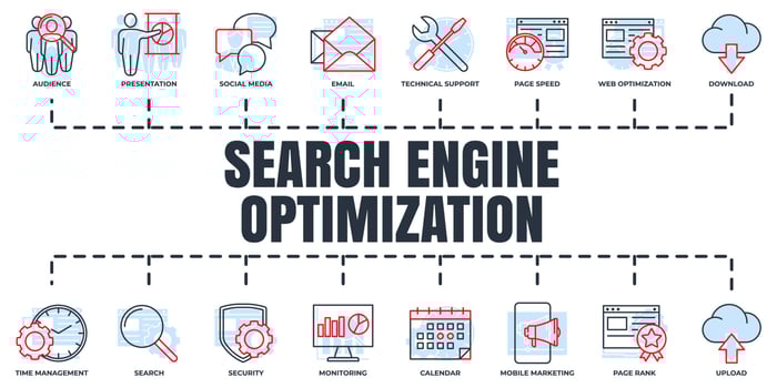 Search Engine Optimization. SEO banner web icon set. web optimization, download, email, social media, calendar, presentation, audience vector illustration concept.
