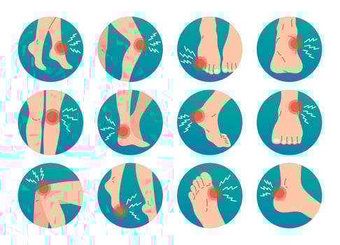 Leg pain and injury vector icon set in circle frame design