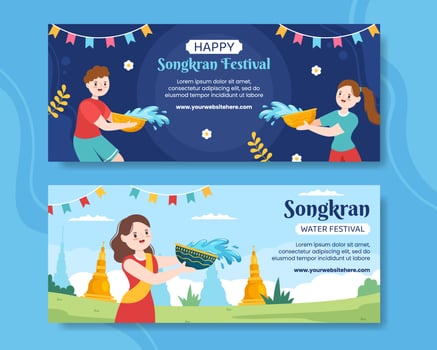 Songkran Festival Day Horizontal Banner Template Cartoon Background Vector Illustration