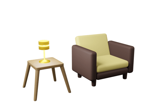 Yellow and brown sofa with gold lamp on wooden table 3D illustration, Empty seat luxury sofa png