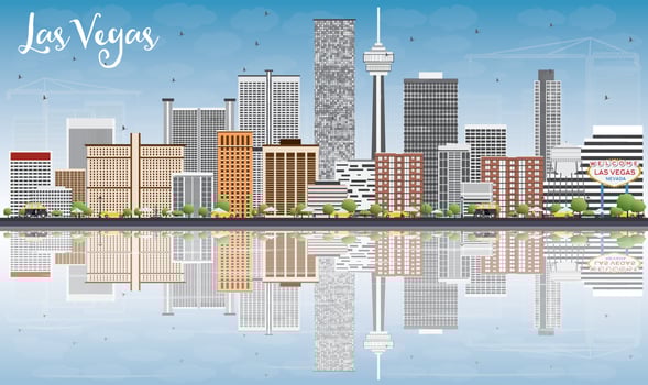 Las Vegas Skyline with Gray Buildings, Blue Sky and Reflections. vector