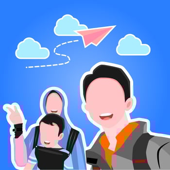 Illustration of a faceless Muslim family photo isolated on a blue background. vector