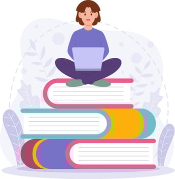 young woman playing laptop while sitting on a book vector