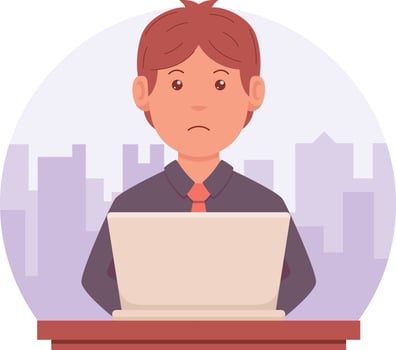 portrait of a man hosting an event using a laptop against a city background vector