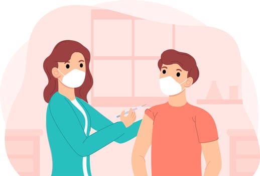 Flat-hand drawn doctor injecting vaccine to patient vector