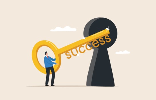Key to success. Achieve business goals. Great achievements in responsibilities. career, occupation, profession, employment. Businessman inserting a golden key into a giant keyhole. vector