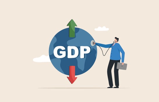 Gross domestic product or GDP. Check economic indicators of each country. Assessing the economy of global, quarterly, yearly. Businessman with a stethoscope examining the world economy. vector