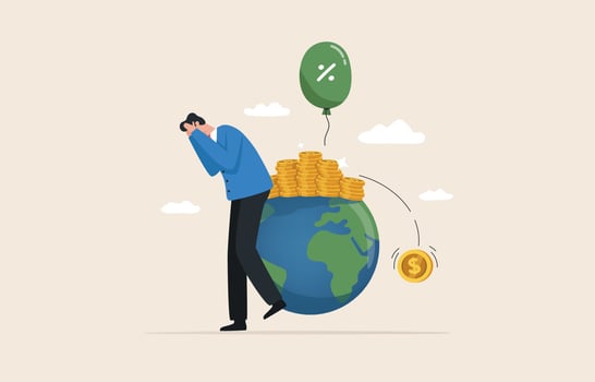 Global economic recession and high inflation.Financial crisis and stock market crash. policy to raise interest rates. Businessmen lose money due to economic problems. vector