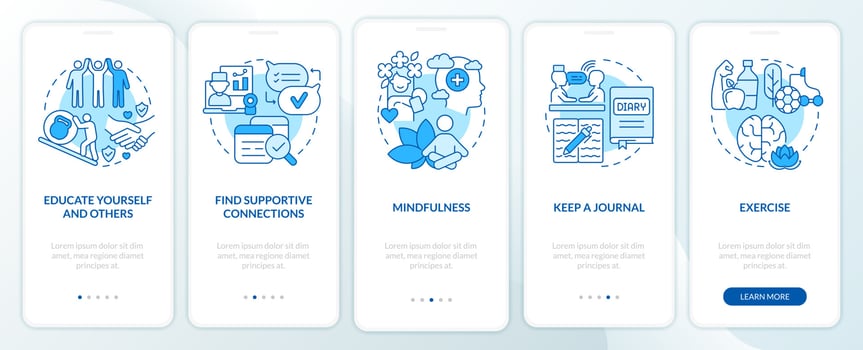 Coping with PTSD process blue onboarding mobile app screen. Psychotherapy walkthrough 5 steps graphic instructions pages with linear concepts. UI, UX, GUI template. vector