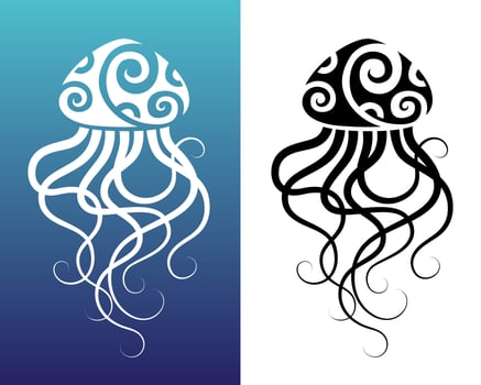 Jellyfish Maori style. Tattoo sketch or logo. Tribal ethno style. Blue gradient and white background. vector