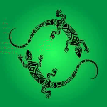 Lizards illustration Maori style. Round emblem or logo. White and green vector