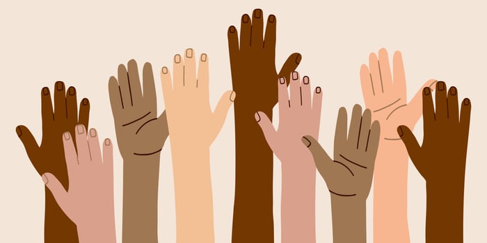 the hands of people of different nationalities. A united community of people of skin color. Cultural and ethnic diversity. Protest and strike. Fighting for your rights. vector