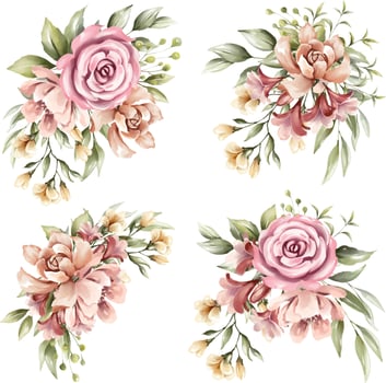 Set of watercolor floral arrangements with beautiful flowers vector