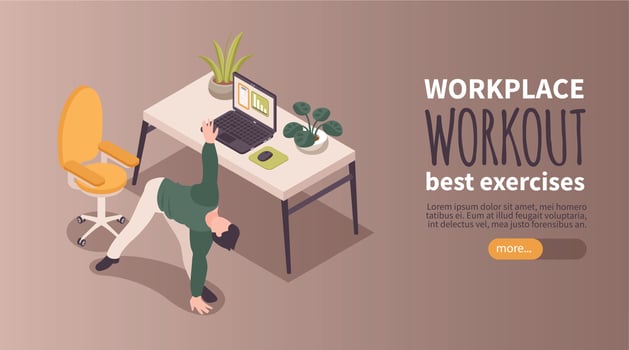 Isometric Workplace Workout Horizontal Banner vector