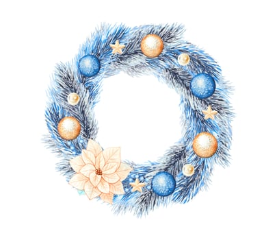 Watercolor Christmas frame with fir branches, tree toys, fir cones . vector