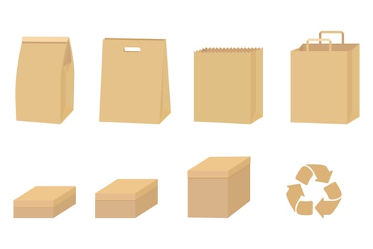 Set of cardboard packaging isolated on white. Recycled Paper box and bag Vector illustration