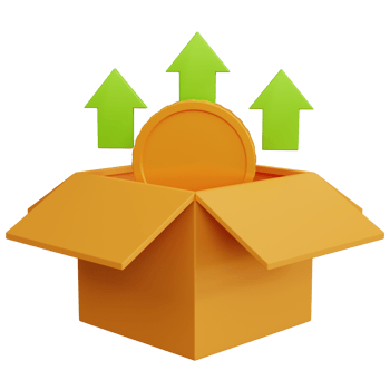 3d rendering open cardboard box with coins and up arrow isolated png