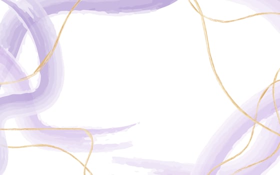 Lavender purple liquid watercolor background with gold stripes. Pastel marble effect with golden lines, drawn with vector brushes. Design template for invitation, menu, wedding invitation.