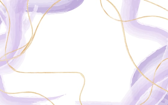 Lavender purple liquid watercolor background with gold stripes. Pastel marble effect with golden lines, drawn with vector brushes. Design template for invitation, menu, wedding invitation.