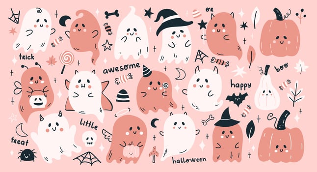 Cute Halloween vector set pattern with cartoon ghosts, pumpkins and more funny elements. Hand drawn Halloween lettering quotes.