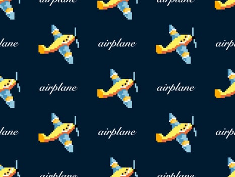 Airplane cartoon character seamless pattern on blue background. Pixel style vector