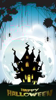 Halloween night background with pumpkin, haunted house, castle and full moon. Flyer or invitation template for banner, party, Invitation . Vector illustration with place for your Text or copy space