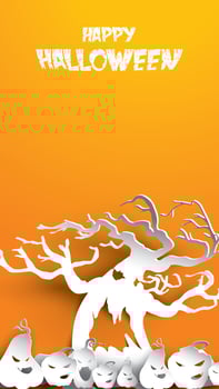 Halloween background with haunted tree and pumpkin paper art carving style. banner, poster, Flyer or invitation template party. Vector illustration.
