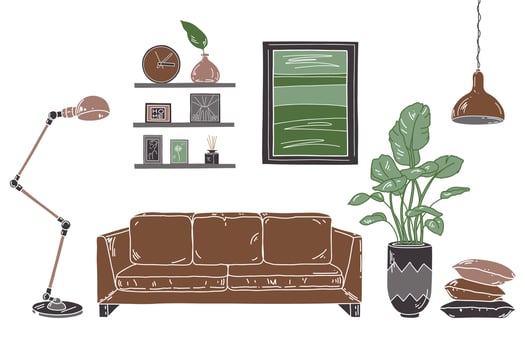 Industrial style interior. Flat living apartment with brown sofa, lamp, pot, home plants, pillows, frames. vector
