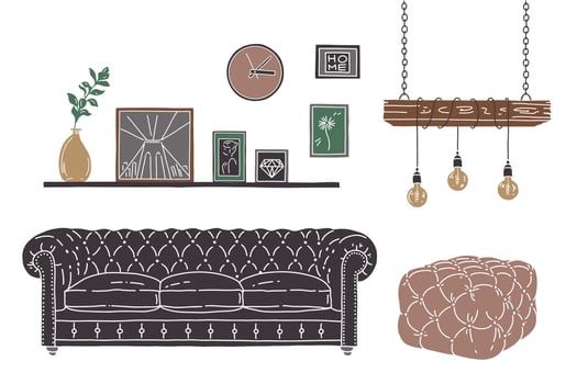 Flat Illustration of interior room. Vector sketch with grey sofa, pouf, lamp, picture frame. Loft style interior.