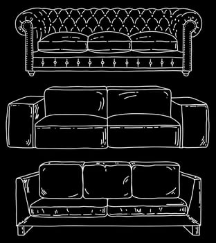 Furniture vector set with sofa. Modern interior details isolated. Line sketch illustration.