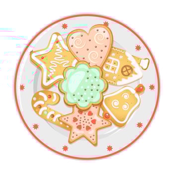 Gingerbread on porcelain dish with red border. Christmas treats. vector