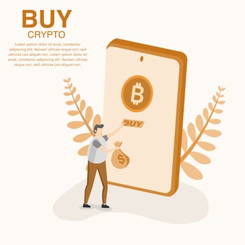 illustration of a man who makes a transaction buying and selling cryptocurrency. buying and selling of crypto assets, transactions of crypto assets. vector