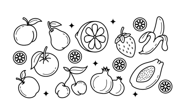 Doodle fruits. Natural tropical fruit, organic fruits or vegetarian food. Vector isolated icons