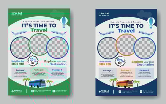 Tours And Travel Design For Flyer, Poster, And Banner Template. Concept For World Tourism Day. Summer Beach Travelling. Tourism Business Marketing Flyer Or Poster With Abstract Digital Background. vector