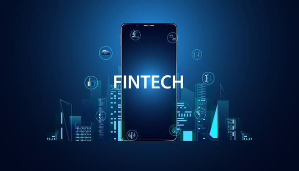 Abstract FinTech Finance Technology applied in the financial business On a modern blue background concept phone and smart city and icons fintech business, futuristic. vector