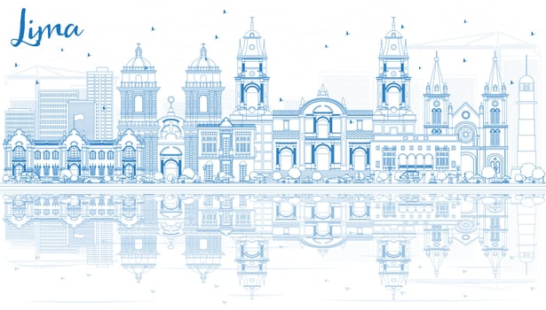 Outline Lima Skyline with Blue Buildings and Reflections. vector