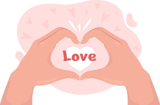 Heart gesture 2D vector isolated illustration. Love symbol flat hand gesture on cartoon background. Colourful editable scene for mobile, website, presentation