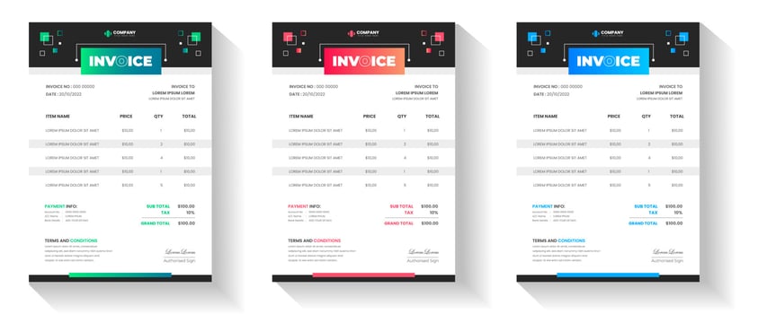 corporate modern minimal Business invoice form template. Invoicing quotes, money bill, Tax form, payment receipt, price invoices and payment agreement design template set. vector