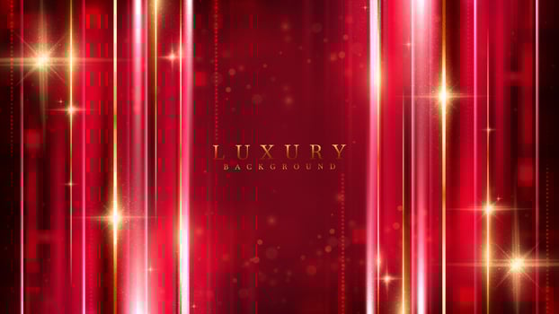 Red luxury background with golden line decoration and light rays effects element with bokeh. vector