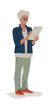 Students, schoolchildren, teenagers. Guy with glasses with a tablet. Vector image.
