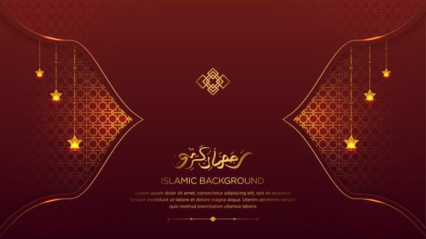 Arabic Ramadan Kareem Elegant Red and Golden Luxury Islamic Ornamental Background Islamic Border and Decorative Hanging Stars Ornament with Arabic Calligraphy vector