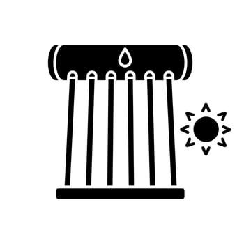 Industrial solar water heater glyph icon. Solar collector tubes and water tank. Eco water heating system. Silhouette symbol. Negative space. Vector isolated illustration