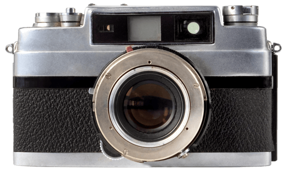Antique old fashion film camera front view isolated on white background. png