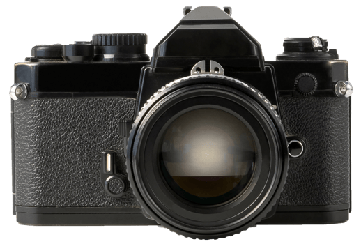 Antique old fashion film camera front view isolated on white background. png