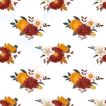 Fall floral arrangements with flowers, leaves, and berries seamless pattern with burgundy, orange, yellow flowers and forest leaves. Isolated on white background. vector