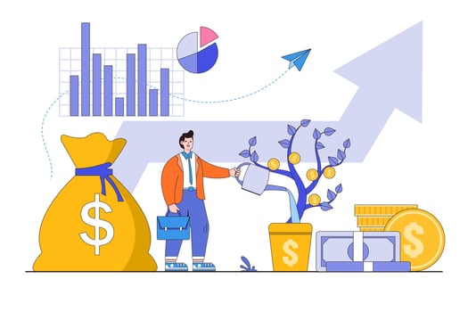 Make money to get rich, increase earning and income, investment profit growth, financial advisor or wealth management concepts illustrations. Businessman investor watering money tree with big arrow vector