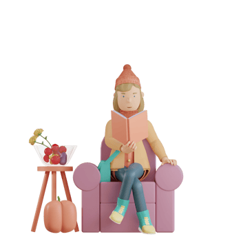 3d autumn character sit in sofa and reading a book 3d render png