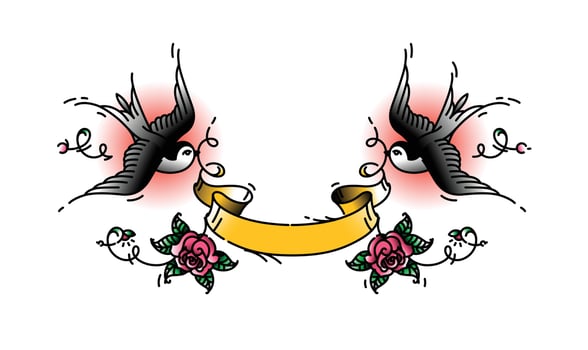 Tattoo swallows with a ribbon for any signature. Vector illustration. Tattoo, American old school. Two birds Swallows, with roses. Yellow ribbon for inscriptions.