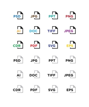 Icons for expanding formats. File Icons. Vector flat icons with gradient, isolated on white background. Fashionable style. Icons for website and print. Icons of files png, jpeg, ai, esp, cdr